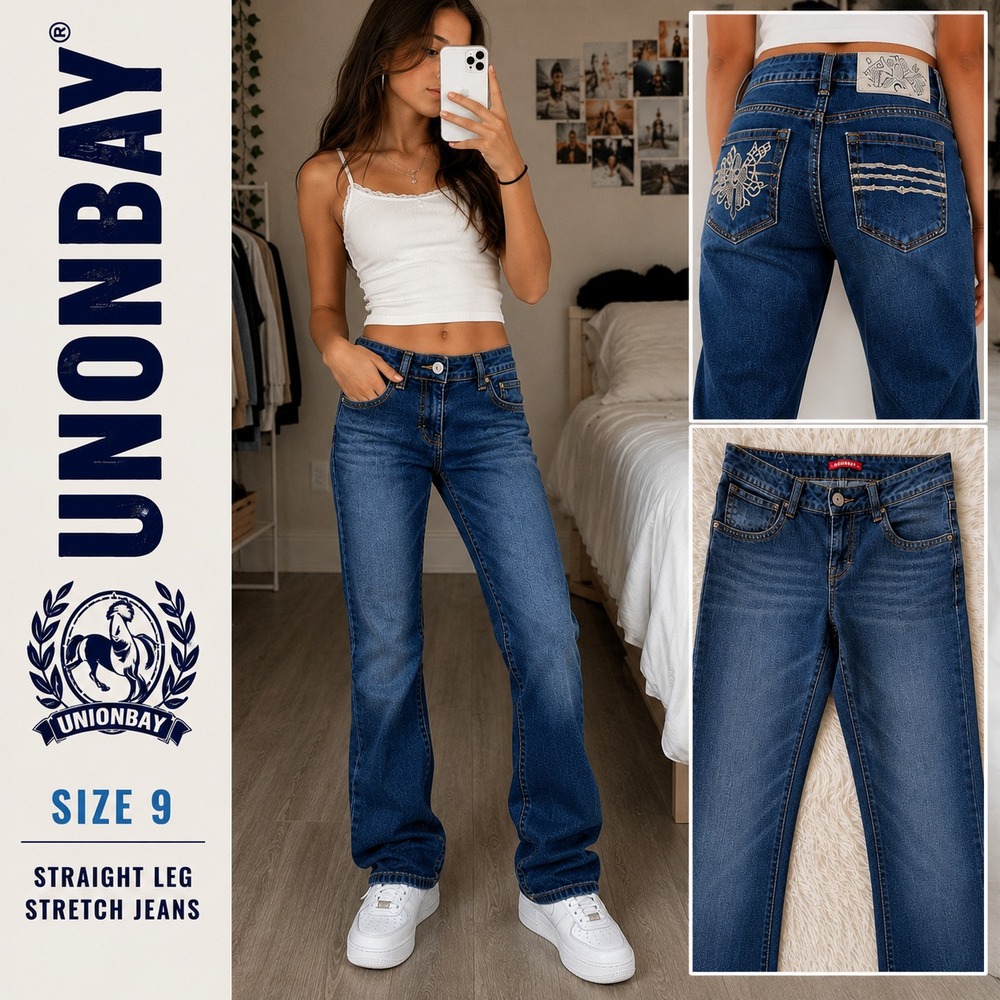 Unionbay Straight Leg Jeans Juniors 9 Y2K Floral Embroidered Mid Rise Stretch